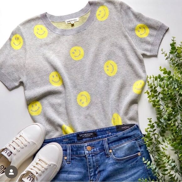 Anthropologie Gray and Yellow Smiley Face Blouse - Picture 2 of 9